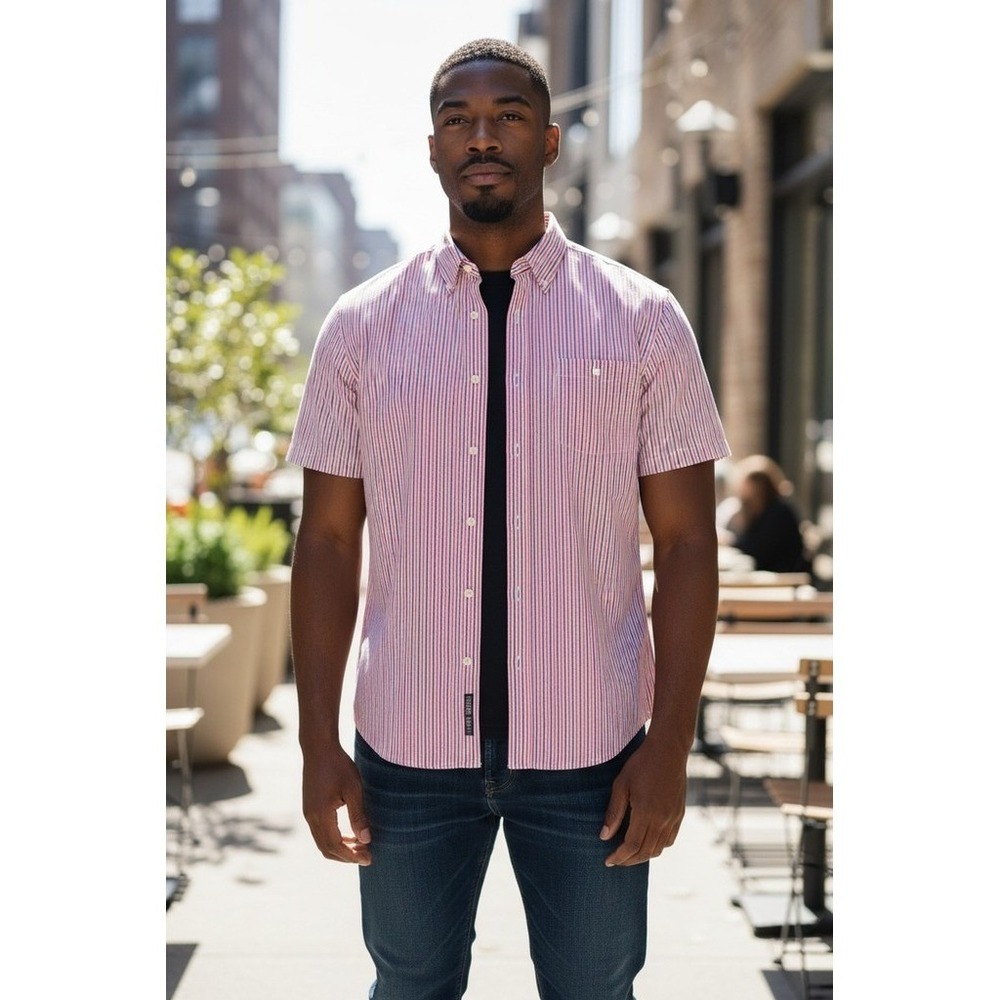Lands' End Shirt Mens Size L seersucker Striped Short Sleeve Button-Up patriotic